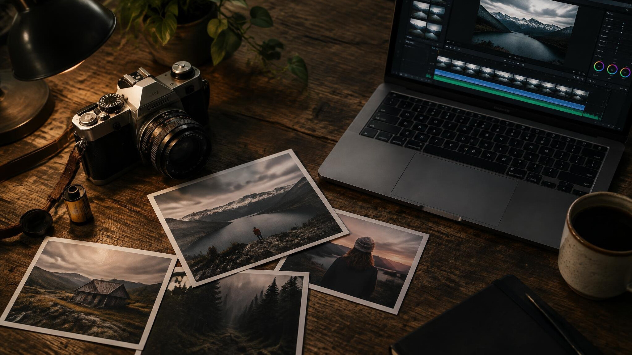 Camera and film prints laid out on a wooden desk with a laptop