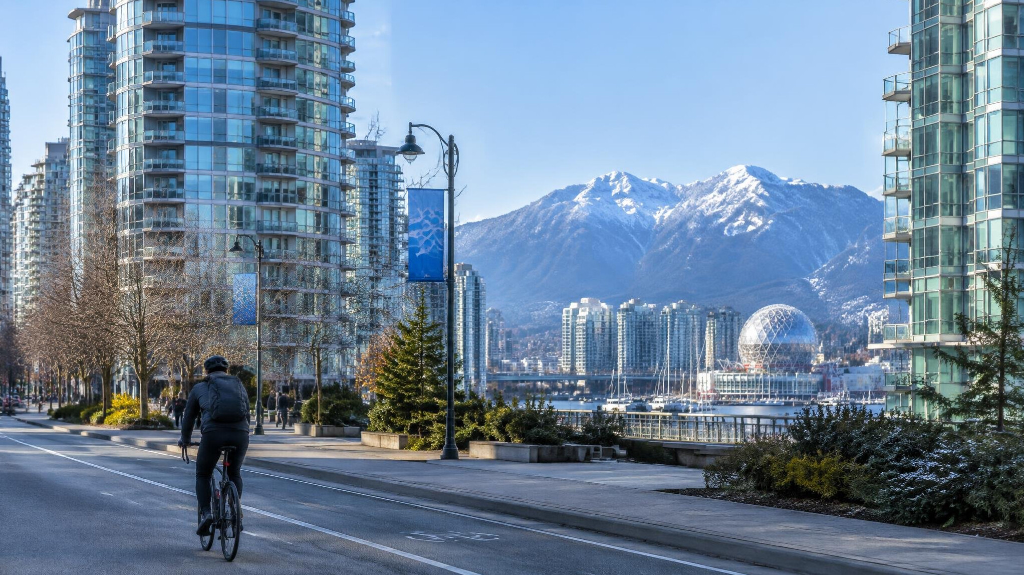 Vancouver downtown street with mountains in the background