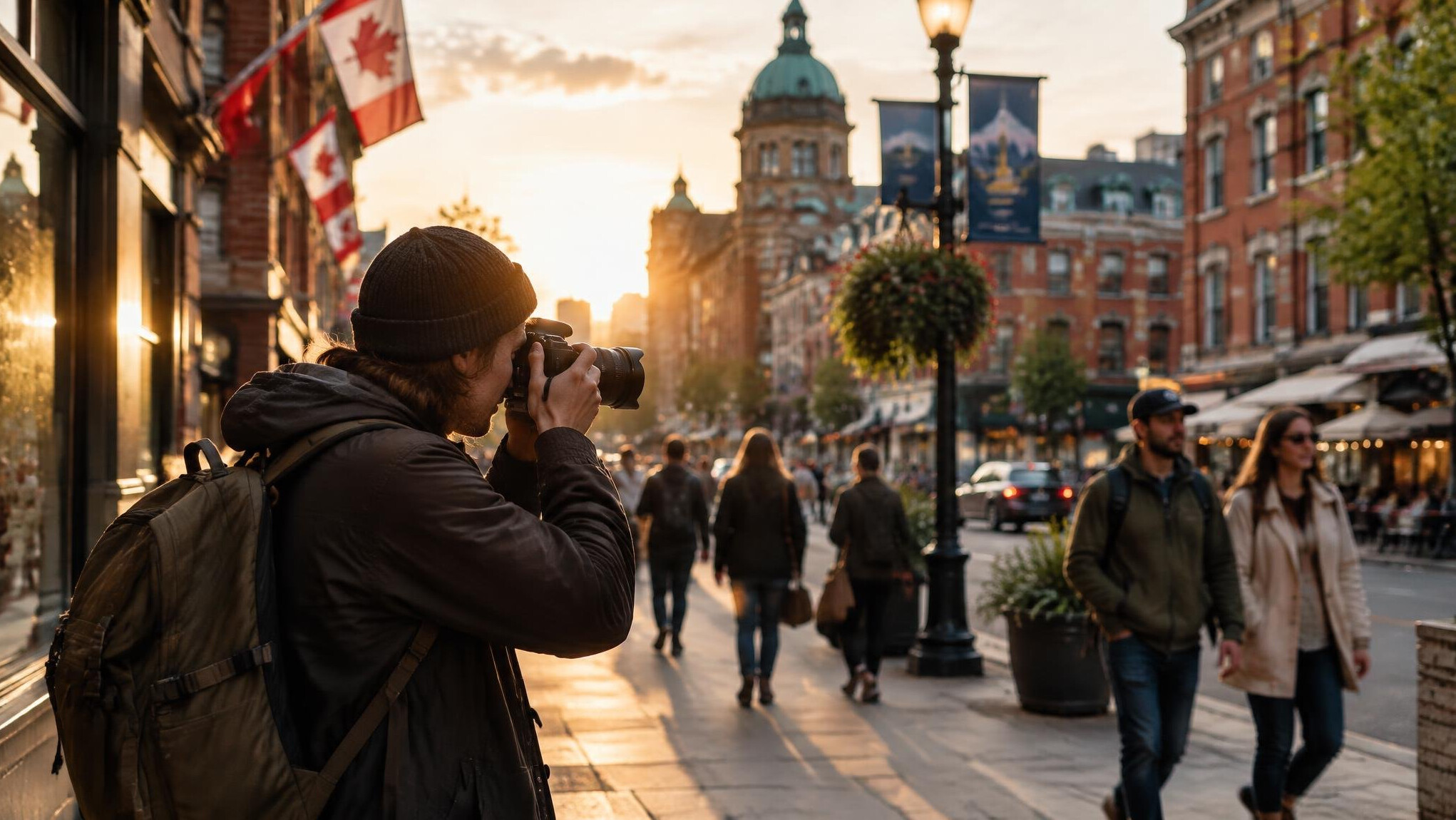 Street photographer taking photos on a busy Canadian city street at golden hour