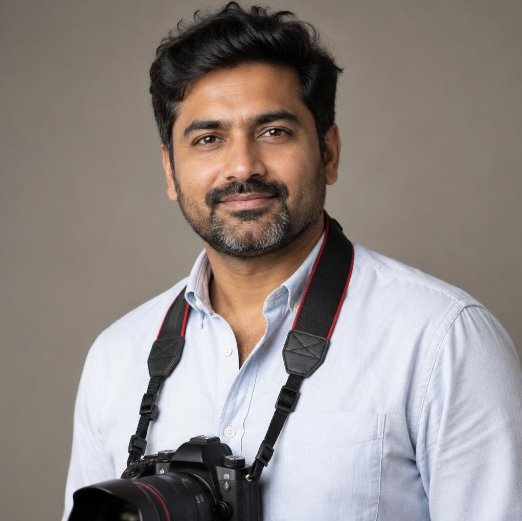 Studio portrait of a South Asian Canadian male photojournalist